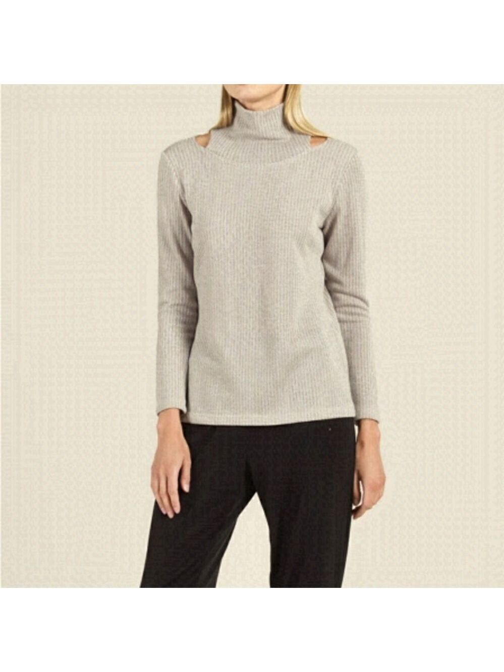 Clara Sun Woo Ribbed Knit Mock Neck Cold Shoulder Sweater, size S